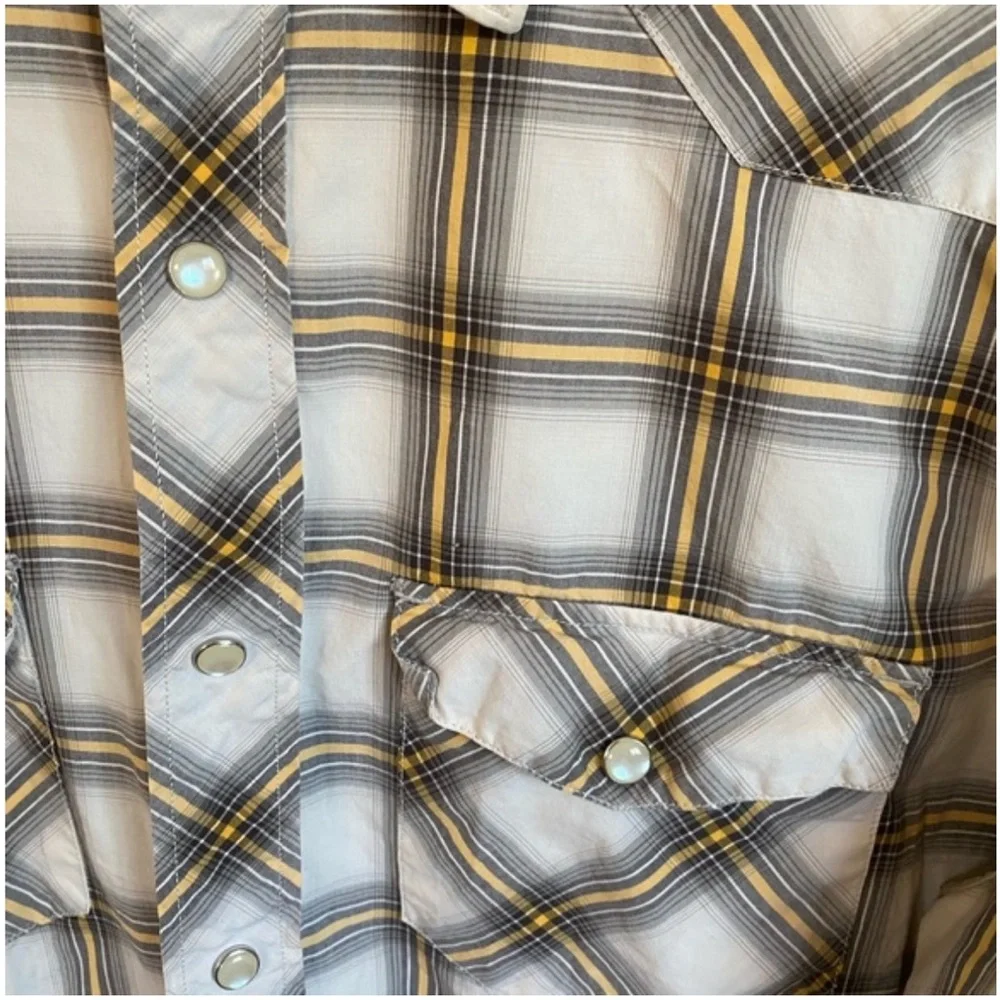 Banana Republic Men’s White Grey Yellow Western Pearl Button Snap Shirt Medium